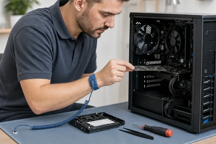 Technician repairing the internal components of a desktop computer