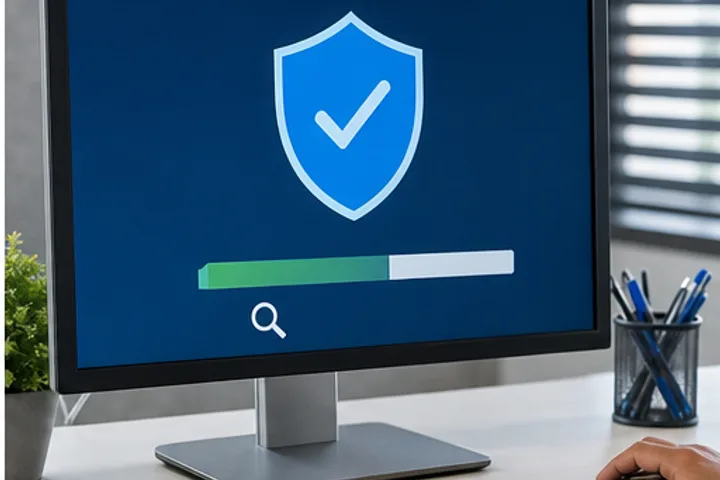 Computer security scan displaying a blue protection shield
