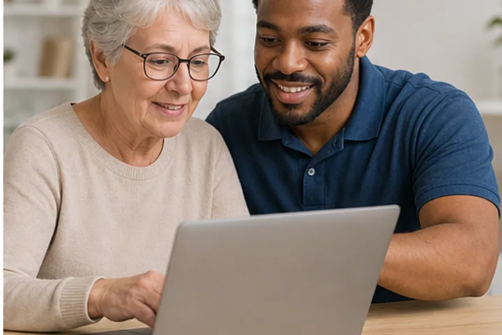 Friendly technician patiently helping an older adult use a laptop