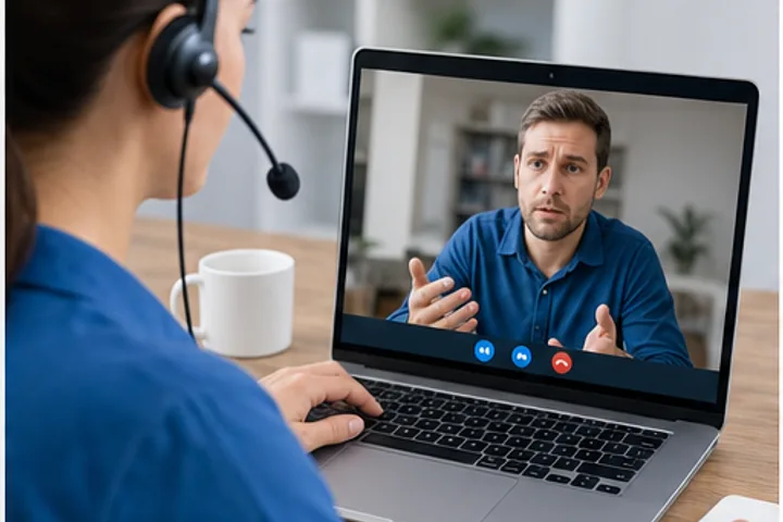 Remote IT support specialist assisting a customer through a laptop