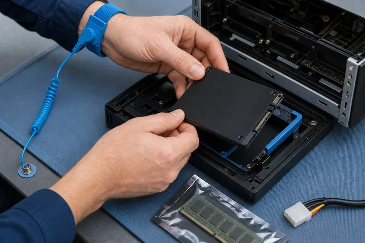 Technician installing a solid-state drive and memory in a computer