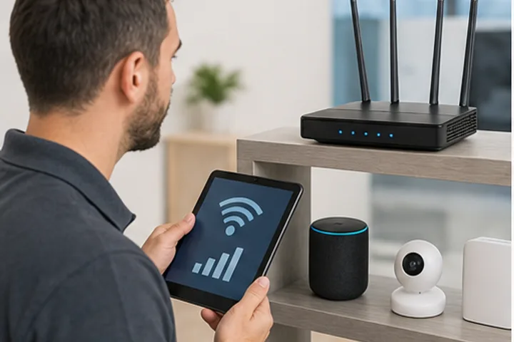 Technician checking a Wi-Fi router and connected smart devices